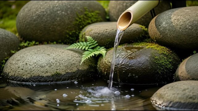 Tranquil water feature with bamboo spout and mossy stones in garden