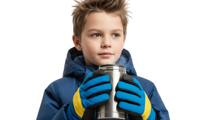 A young boy in winter attire holding a hot drink, appearing focused and contemplative. He wears gloves and a warm jacket