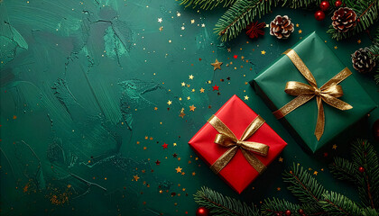 Arrangement of red and green gift boxes wrapped in gold ribbon bowtie on a dark green background with pine branches and red berries with gold sparkles Christmas vibe