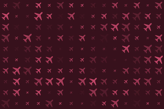 Abstract seamless pattern of pink airplane icons on a dark red background, creating a modern travel and aviation concept design