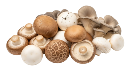 Freshly harvested mushrooms, showcasing variety and texture. This assortment features different types of edible fungi, ready for culinary use