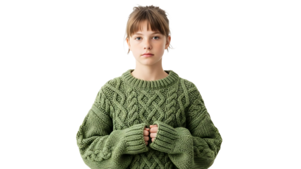 A young girl wearing a cozy green sweater looks straight at the camera. Her hands are clasped, with a serene expression.