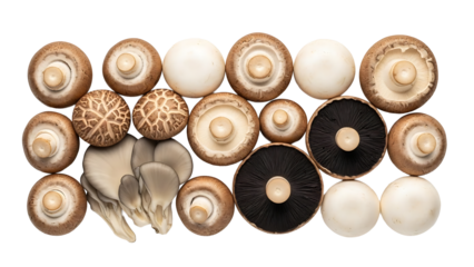 Variety of mushrooms showcasing different sizes, shapes, and textures, all arranged in an eye-catching pattern. Perfect for culinary enthusiasts and food-related projects.