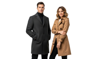 A couple elegantly dressed in stylish winter coats, showcasing fashion and sophistication
