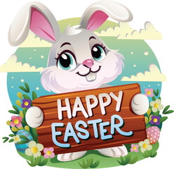 rabbit bunny easter holding happy easter in wooden text