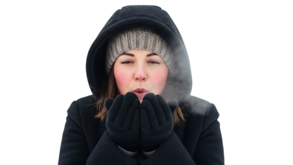 A woman exhales steam from her mouth, feeling cold