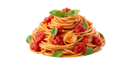 A mouthwatering plate of spaghetti with fresh basil and ripe tomatoes. The dish looks delicious and ready to enjoy.