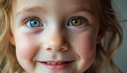 Close-up photo of a child face with heterochromia. Different eye colors is the point. Portrait with unique eyes shows detail. Child smiling to the camera. Soft light highlights beauty.