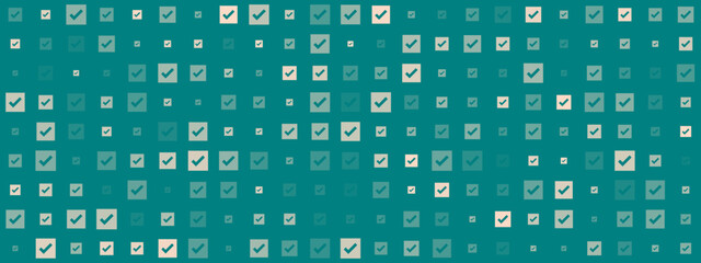 Seamless pattern of checkmarks in squares on a teal background, representing success, completion, and verification in a modern digital design.