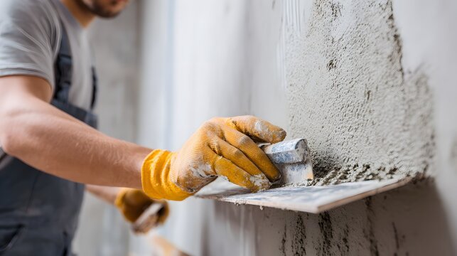 Construction worker applies rough coat of render onto a vertical surface using a trowel