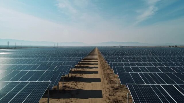 Renewable energy landscape with rows of solar panels