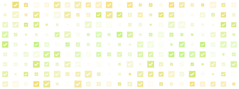 Abstract digital pattern of glowing green and yellow checkmarks within squares on a dark background, symbolizing success, completion, and verification in a modern technological context.