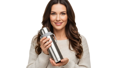 A woman holding a stainless steel thermos, smiling with bright eyes. It is in good focus and the woman is the point of interest