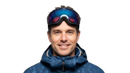 A portrait of a smiling person wearing ski goggles
