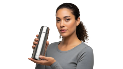 A woman holding a shiny, silver flask, looking toward the camera. She's dressed in a gray long sleeve shirt, demonstrating the product