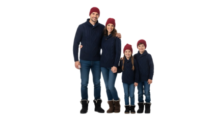 Family portrait in matching outfits, smiling and posing together. A family of four in coordinated attire standing together