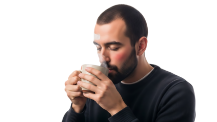 A man taking a moment to enjoy a warm beverage. The image captures the man's expression of contentment as he holds a mug. 