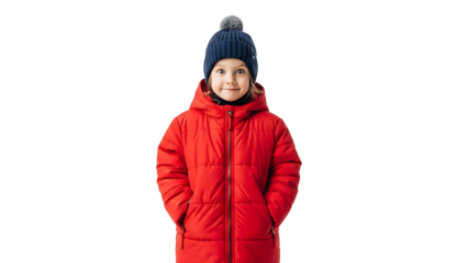 A cute child wearing winter clothes smiling at the camera, ready for the cold weather. They are bundled up in a warm, red jacket and a blue hat.