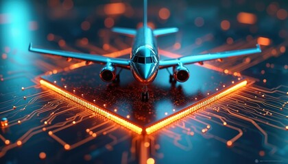 Airplane model on circuit board with glowing lights. Concept of digital twin tech in aviation industry. Futuristic transport simulation. Advanced aerospace engineering.