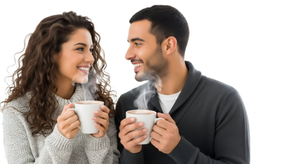 A loving couple enjoying a cup of warm beverage. They are smiling while looking at each other.