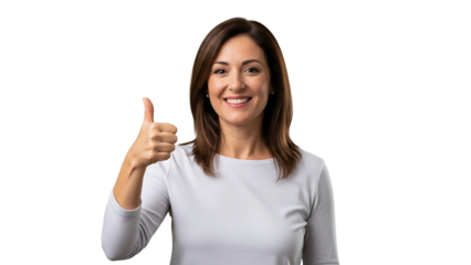A confident woman giving a thumbs up, expressing positivity and approval. The image captures her friendly and encouraging expression.