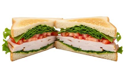 A delicious and inviting sandwich, cut in half to showcase its fresh ingredients. The sandwich is a feast for the eyes and a promise of a satisfying meal