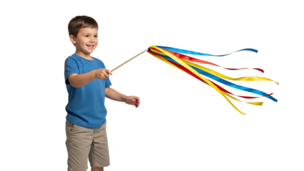 A young child is happily playing with colorful ribbons on a stick. He is smiling and enjoying his game