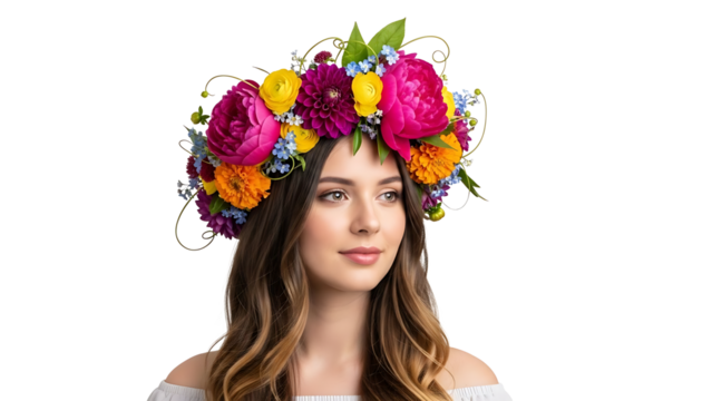 A portrait of a young woman with a floral crown, conveying natural beauty and joy - Powered by Adobe