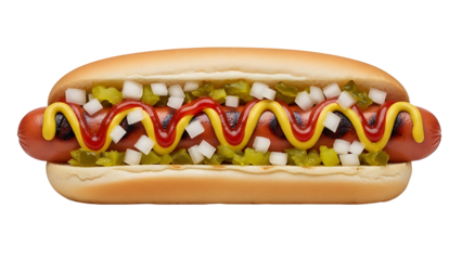 A mouthwatering hotdog with various toppings. This classic food item is ready to eat
