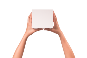 Close-up of hand holding a closed new white package box isolated on a transparent PNG. High quality studio shoot. concept for business, shopping, transportation, technology and advertising.