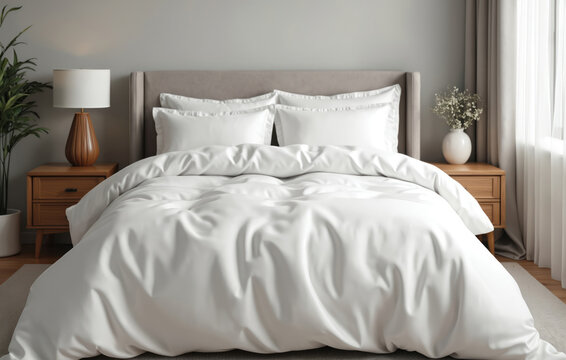 White duvet set displayed on bed in room. Room has nightstands with lamp and flowers. Clean bedding on comfortable mattress offers relaxation and restful sleep. Interior design for home or hotel.