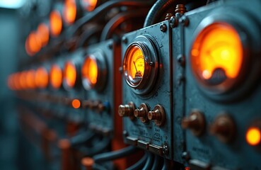Electrical distribution panel with glowing gauges and switches. Analog meters and control knobs on industrial machinery. Power system components and wiring. Energetic tech display.