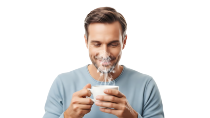 A man enjoying the aroma of a hot drink, with steam rising from a cup