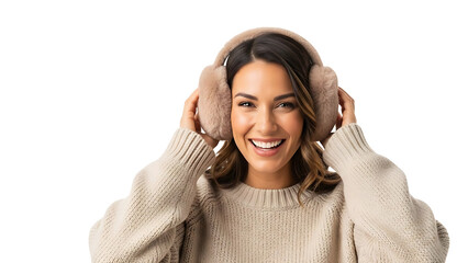 Smiling woman wearing warm earmuffs indoors, representing comfort, style, and winter fashion.