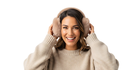 Smiling woman wearing warm earmuffs indoors, representing comfort, style, and winter fashion.