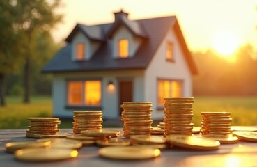 Golden coins stacked near a cozy house at sunset. Represents investment, home ownership, financial growth, and real estate opportunities. Wealth building concept.