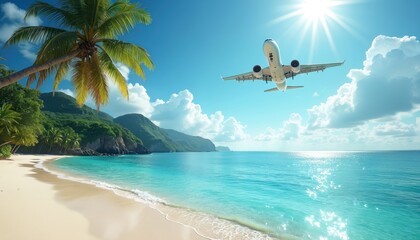 Airplane flies over beautiful tropical island beach and ocean. White sand shore, lush green mountains, clear turquoise water, palm trees sway in sunny sky.