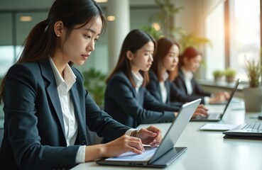 Asian businesswomen work in office using laptops. Team in formal suits focused on financial analysis. Corporate professionals at work examining data planning investment strategies, discussing