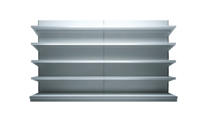 Empty, four-tiered, silver metallic store shelf