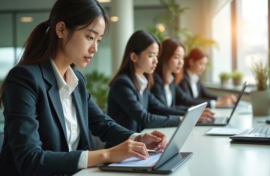 Asian businesswomen work in office using laptops. Team in formal suits focused on financial analysis. Corporate professionals at work examining data planning investment strategies, discussing - Powered by Adobe
