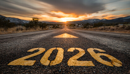 Fototapeta premium Looking ahead to 2026: A road to future vision. The image features an arrow pointing the road towards 2026 with a beautiful sky and mountains in background.