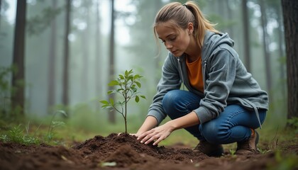 Focused woman plants young tree sapling in misty forest. She works carefully in dirt to help reforestation effort. Nurturing nature for future growth.