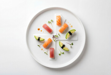 Geometric sushi arrangement on a white plate - fresh nigiri sushi pieces are artfully arranged in a cross shape with microgreens and sauce droplets on a divided white platter.