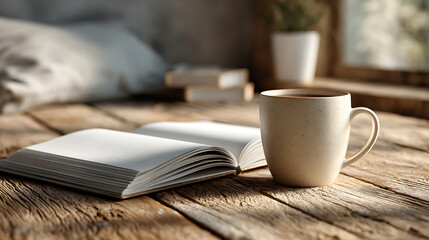 Top view of open blank notebook and ceramic coffee mug on a rustic light wood board, with soft sun shadows and linen fabric texture background.