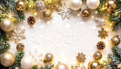 Christmas Holiday Background with Gold and White Ornaments, Fir Branches, Snow, and String Lights Frame