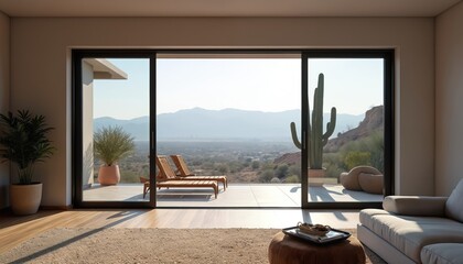 Fototapeta premium Modern living room opens to expansive desert view with mountains. Sliding glass doors reveal patio with lounge chairs and large cactus. Sunlit space blends indoor outdoor living.