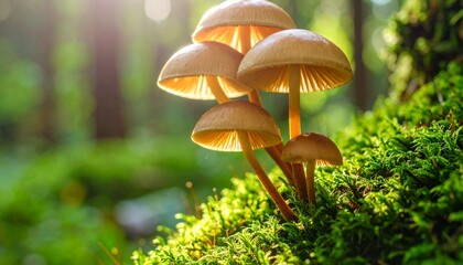 Group of luminous mushrooms growing on vibrant green moss in a sunlit forest, creating a magical natural scene.