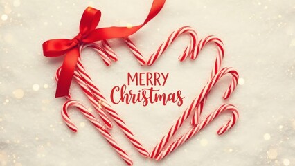 Candy Cane Heart Shape with Red Ribbon and Merry Christmas Text on Snowy Bokeh Background