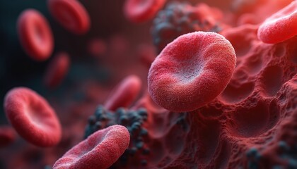Microscopic photo blood cells show detailed structure. Red blood cells visible close up. Medical scientific background. Cellular structure shown. Biological research visual.