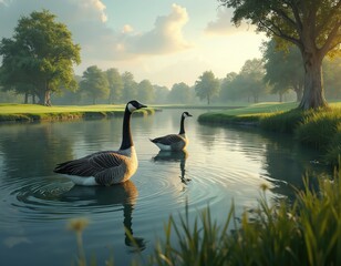 Two Canada geese swim in pond on golf course on sunny day. Birds float on calm water with reflections. Green grass, trees, blue sky create peaceful eco backdrop.